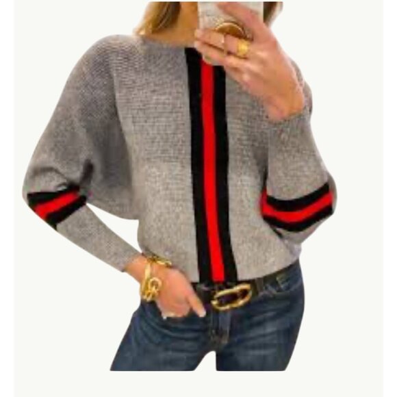 CCC Gray Batwing Crop Top Sweater Red Black Stripes Chic Style Comfortable Versa - Picture 6 of 9